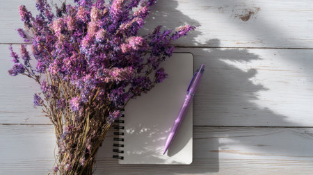 Notebook with pen and bouquet of dried flowers on white wooden tableの素材