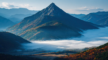 Foggy morning in the mountains. Colorful autumn landscape.の素材