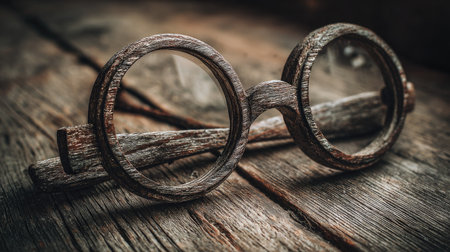 Old glasses on a wooden background. Vintage style toned picture.の素材