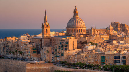 Panoramic view of Valletta, Malta at sunset.の素材