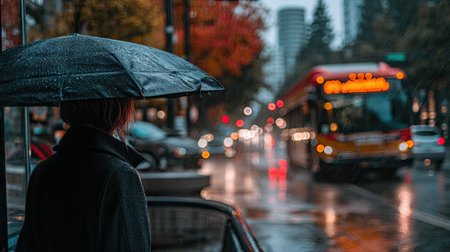 Back view of a woman with umbrella on rainy day in the cityの素材