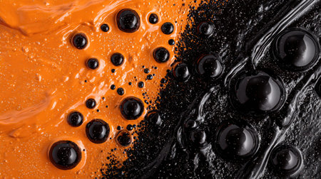 Abstract black and orange background with bubbles. Top view, flat layの素材