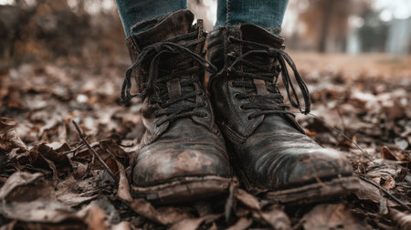 Hiking boots on the ground in the autumn forest, close upの素材