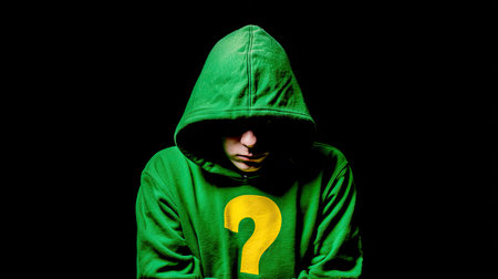 Man in a green hoodie with a question mark on a black backgroundの素材