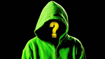 Unknown person in a green hoodie with a question mark on a black backgroundの素材