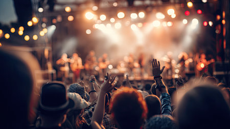 Crowd at concert, hands raised up, bokeh backgroundの素材