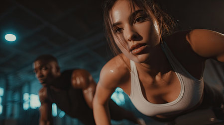 portrait of sportive young woman training with personal trainer in gymの素材