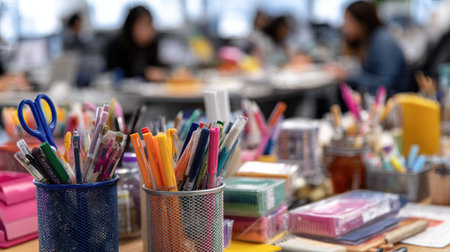 Close up of colorful pencils and pens on the table in officeの素材