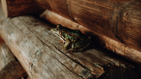 Frog sitting on a log in the forest. A green frog sits on a log.の素材