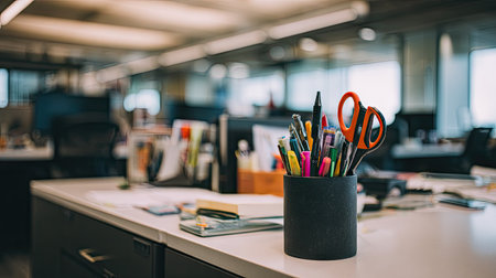 Close up of a black cup with stationery on the office deskの素材