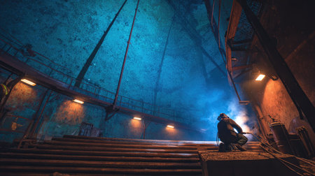 A man in a welding mask is sitting on the stairs in a factory.の素材