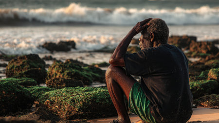 Rear view of a black man sitting on the beach at sunsetの素材
