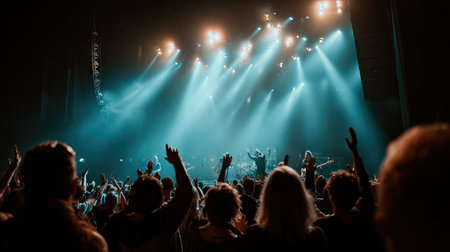 Crowd at concert with raised hands and bright stage lights in backgroundの素材