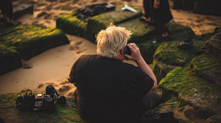 Rear view of a man talking on the phone on the beachの素材