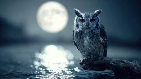 Owl sitting on a log at night with moon in the backgroundの素材