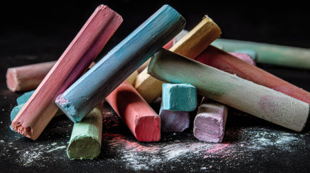 Pile of colorful chalk on blackboard. Selective focus.の素材