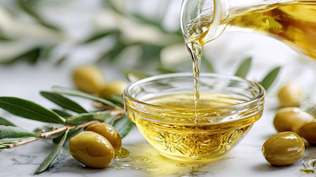 Olive oil pouring into glass bowl with olives on white marble backgroundの素材