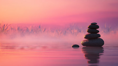 Zen stones in water at sunrise, pink and purple colors. Zen conceptの素材