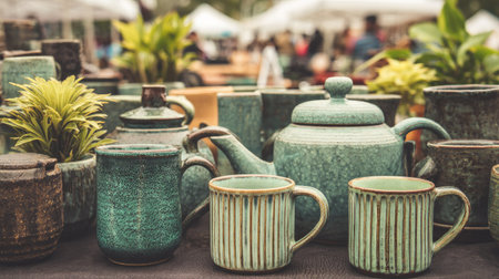 Ceramic teapots and pots for sale at flea marketの素材