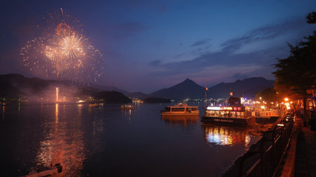 Fireworks on the lake at night, Hong Kong, China.の素材