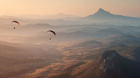 Paraglider flying over the mountains at sunset. Extreme sportの素材
