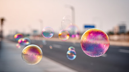 Soap bubbles fly on the road. The background is blurred.の素材