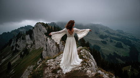 Beautiful young woman in a long white dress on the top of the mountainの素材