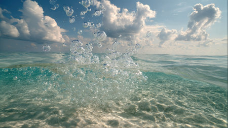 Underwater view of the ocean with clear water and white clouds.の素材