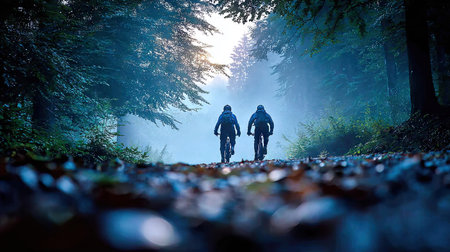 Cyclists in the forest on a foggy autumn day.の素材