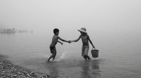 Two boys playing in the water on a foggy day. Black and white.の素材