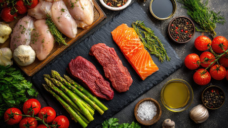 Raw fresh meat with asparagus and vegetables on black background, top viewの素材