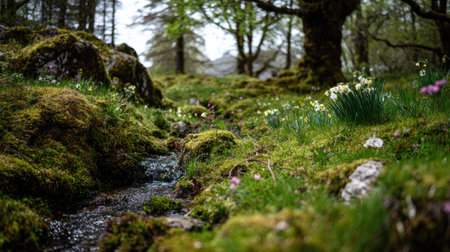 Beautiful spring crocus flowers blooming in a mountain stream in Scotlandの素材