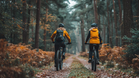 Young couple riding bikes in autumn forest. Back view of man and woman cycling on forest path.の素材