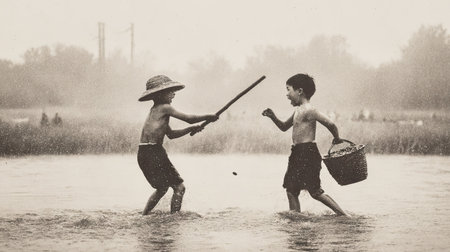 Two boys playing in the water in the rain. Black and white photo.の素材
