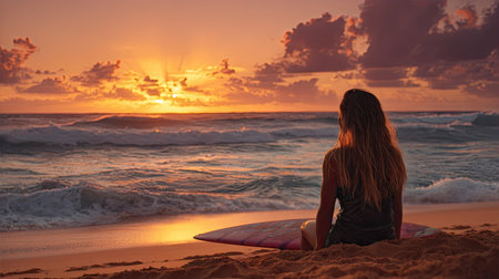 Beautiful surfer girl sitting on the beach and looking at the sunsetの素材