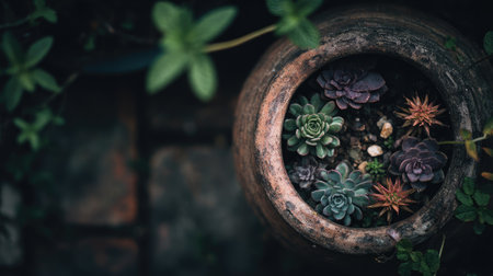 Miniature succulent plants in a clay pot, selective focus.の素材
