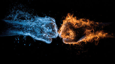 Two boxing gloves with fire on black background. Close up. Copy space.の素材