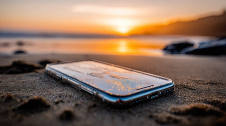 Smartphone with broken screen on the beach at sunset. The concept of broken mobile phoneの素材