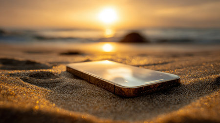 Smartphone on the beach. Mobile phone on the sand at sunset.の素材