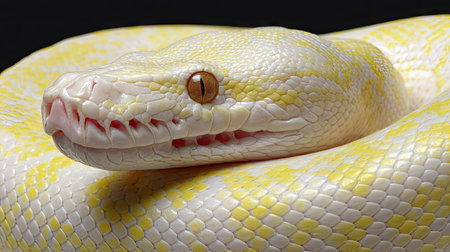 Yellow Burmese python (Python reticulatus) isolated on black backgroundの素材