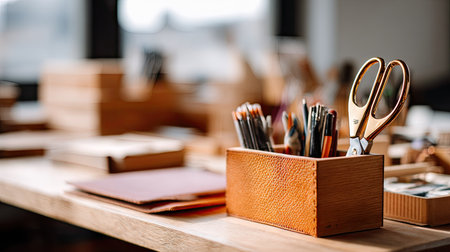 Wooden box with pencils, scissors and other stationery on table in workshopの素材