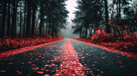Foggy asphalt road in the autumn forest. Colorful autumn landscape.の素材
