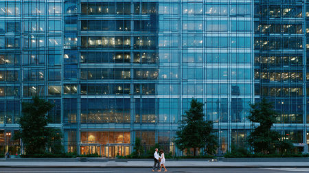 Beautiful young couple in love kissing and hugging in front of modern glass office buildingの素材
