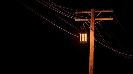 Lantern on the electric pole at night with dark background.の素材