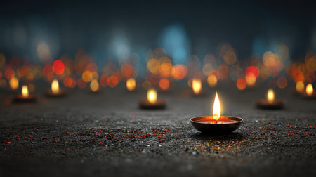 Indian festival Diwali, Diwali oil lamps lit on colorful rangoli. Hindu traditional. Copy space.の素材