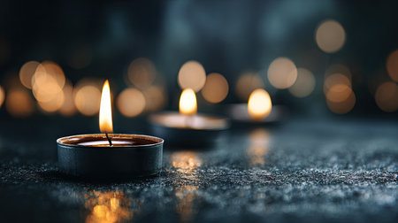 Burning candle on dark background with bokeh effect, shallow depth of fieldの素材