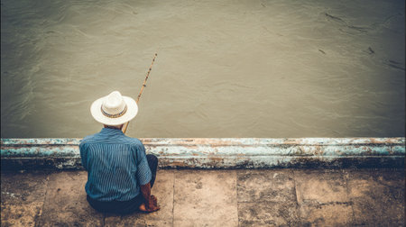 man fishing on the river,vintage style,selective focusの素材