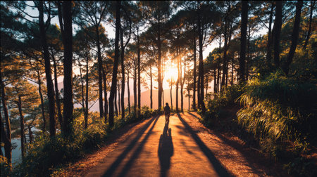 Silhouette of couple walking in the pine forest at sunset.の素材