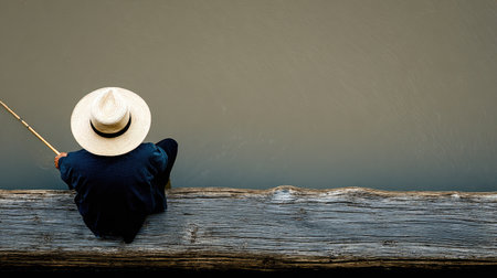 Fisherman in hat sitting on wooden pier and fishing rod.の素材