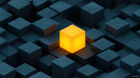 Abstract 3d rendering of cube shape with glowing yellow cube inside.の素材